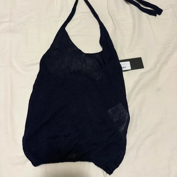 Motel Rocks Priscilla Halter Top in Sheer Knit Navy Blue - Picture 5 of 7